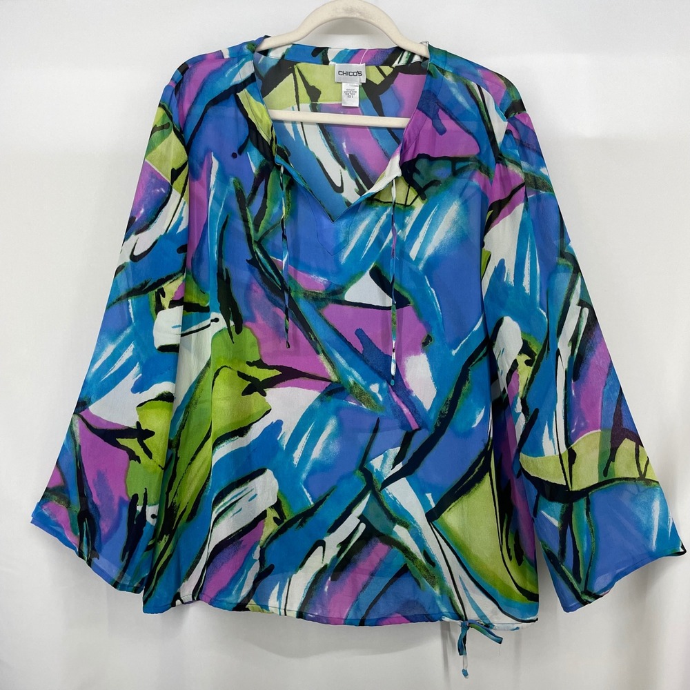 Chico's Size 2 Large 100%‎ Silk Blouse Blue Green Abstract Print Top 100% Silk